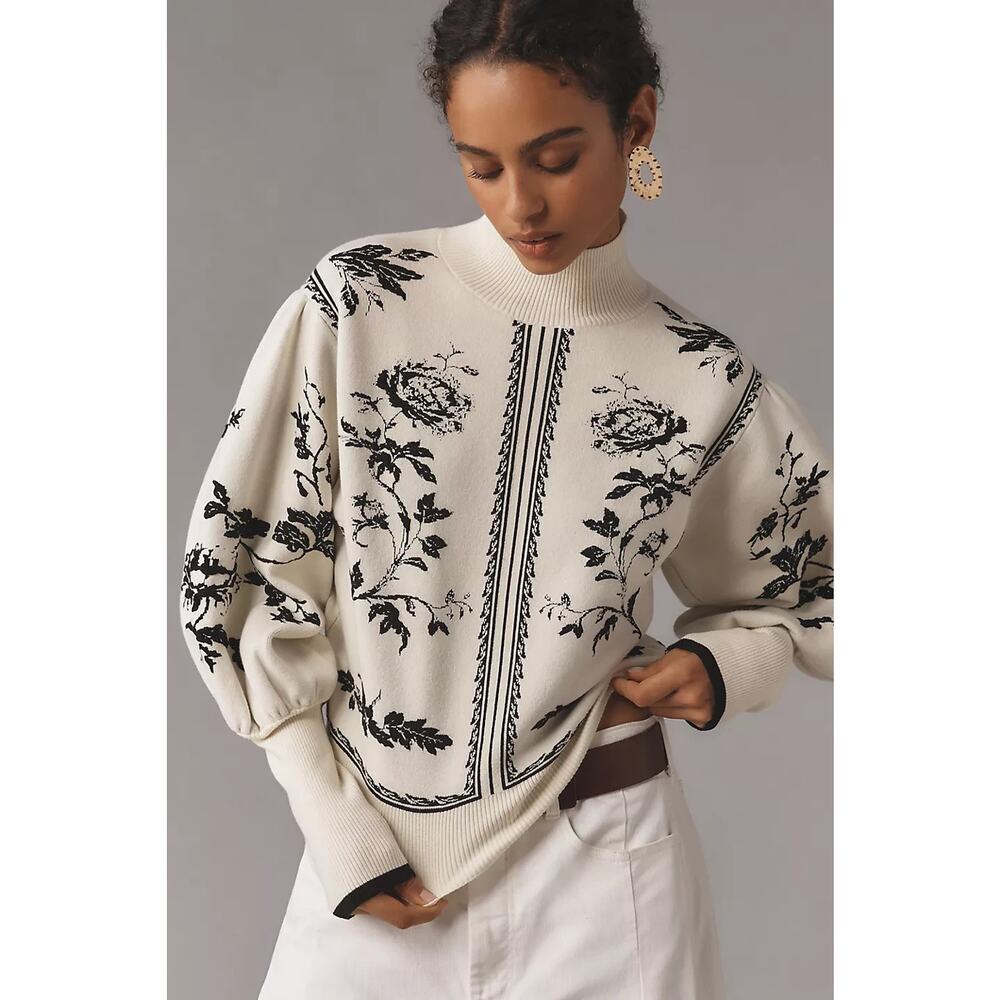 By Anthropologie Balloon-Sleeve Turtleneck Floral Sweater Size S Cream #1E471